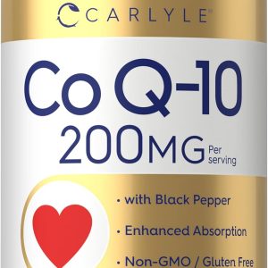 Co Q-10 200 mg 60 sotgels...CARLYLEسافت‌ژل‌های ۲۰۰ میلی‌گرمی کارلایل CoQ10 | تعداد ۶۰ عددی | حاوی فلفل سیاه | جذب بهبود یافته | مکمل بدون GMO و گلوتن برند Carlyle